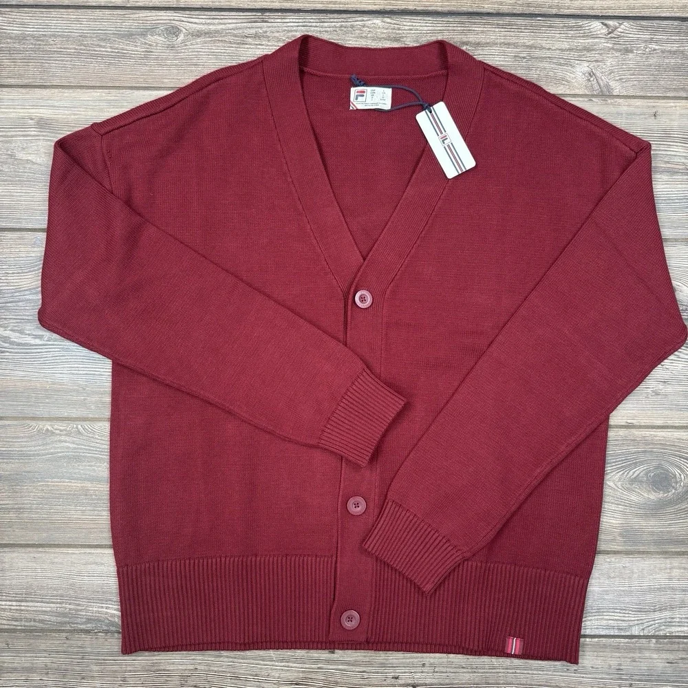 FILA Baseline Cardigan Mens‎ Large L Burgundy V Neck Button Front Sweater NEW